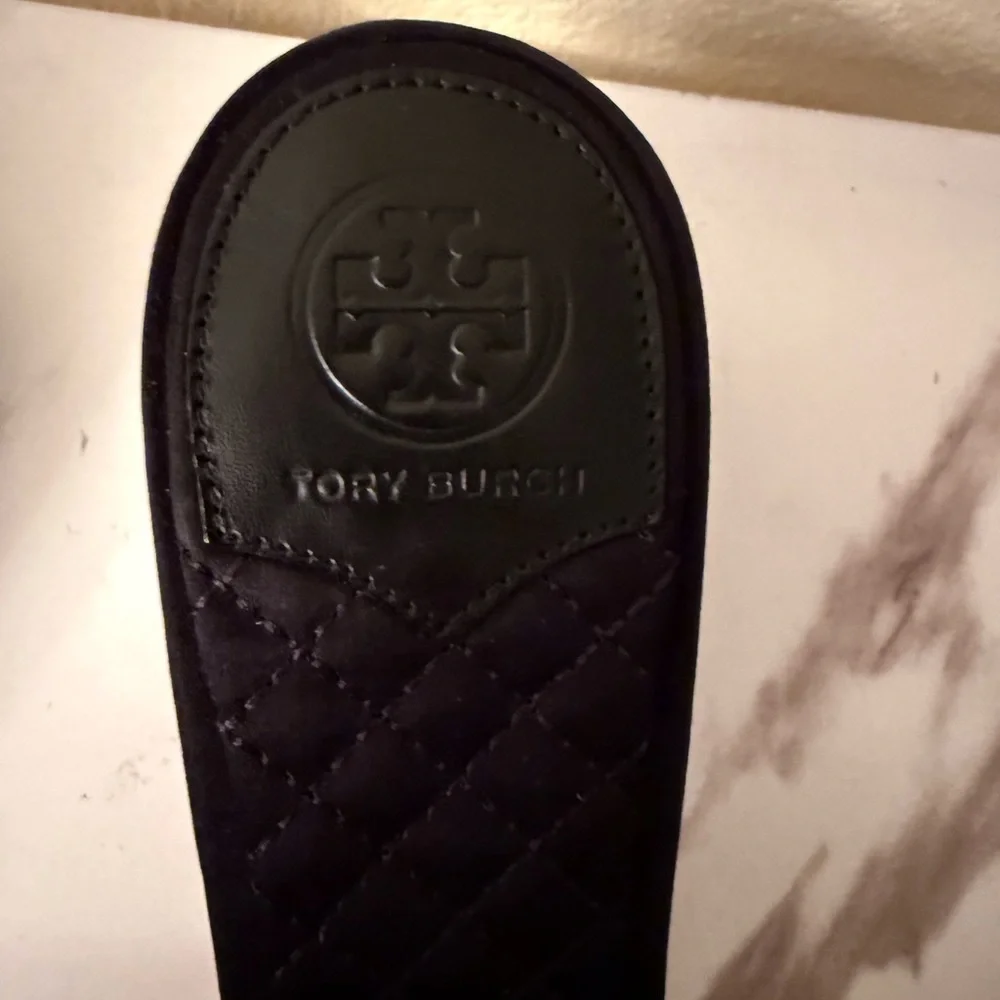 Tory Burch Black Sandal Heels with Pearl Fringe